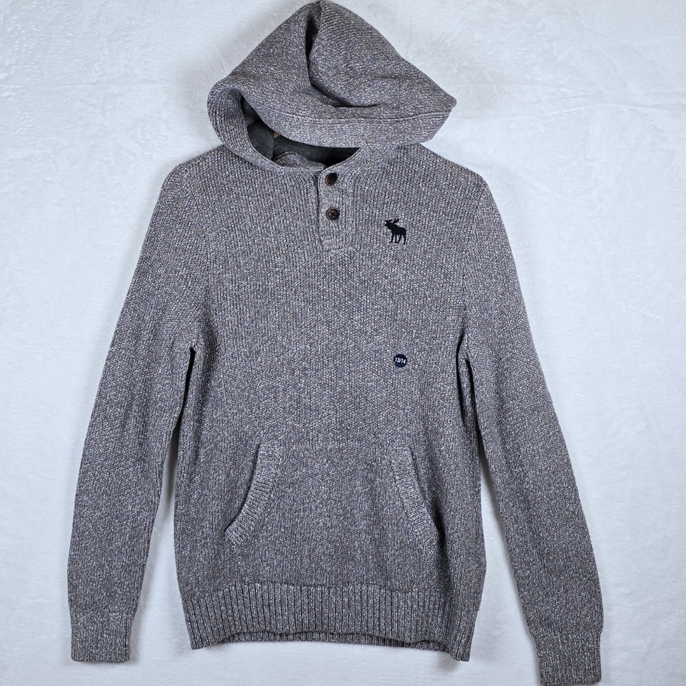 Abercrombie Kids Gray Marl Knit Hooded Henley Sweater Sz 13/14 Embroidered Logo